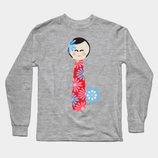 JAPANESE KOKESHI DOLL Flowers Bright Red Blue Pink - UnBlink Studio by Jackie Tahara Long Sleeve T-Shirt